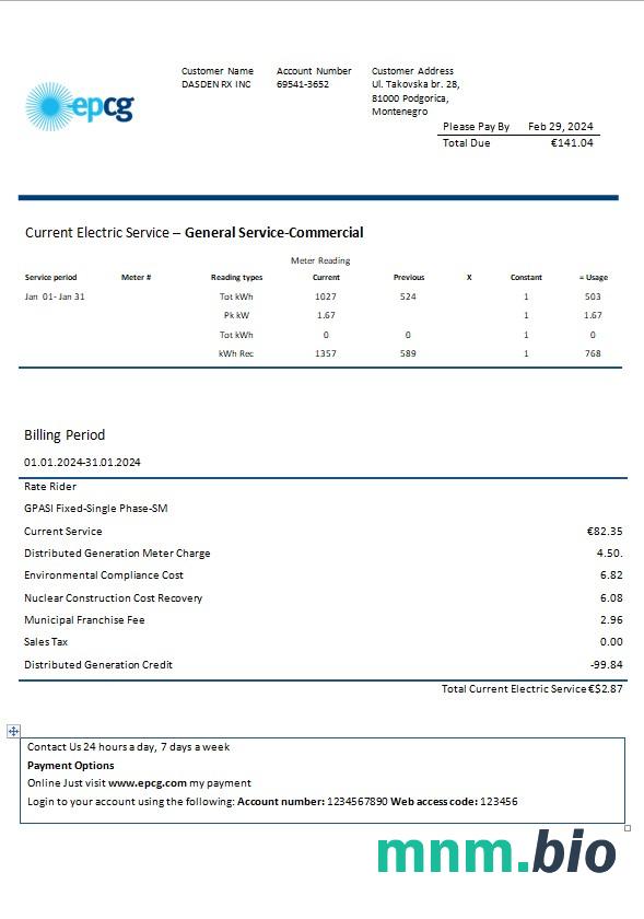Czarnogóra Elektroprivreda Crne Gore (EPCG) szablon rachunku za energię elektryczną w formatach Word i PDF